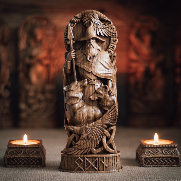 Odin statue, Allfather, Wotan, norse gods, wood carving altar heathen asatru viking god and goddes sculpture wooden scandinavian pantheon