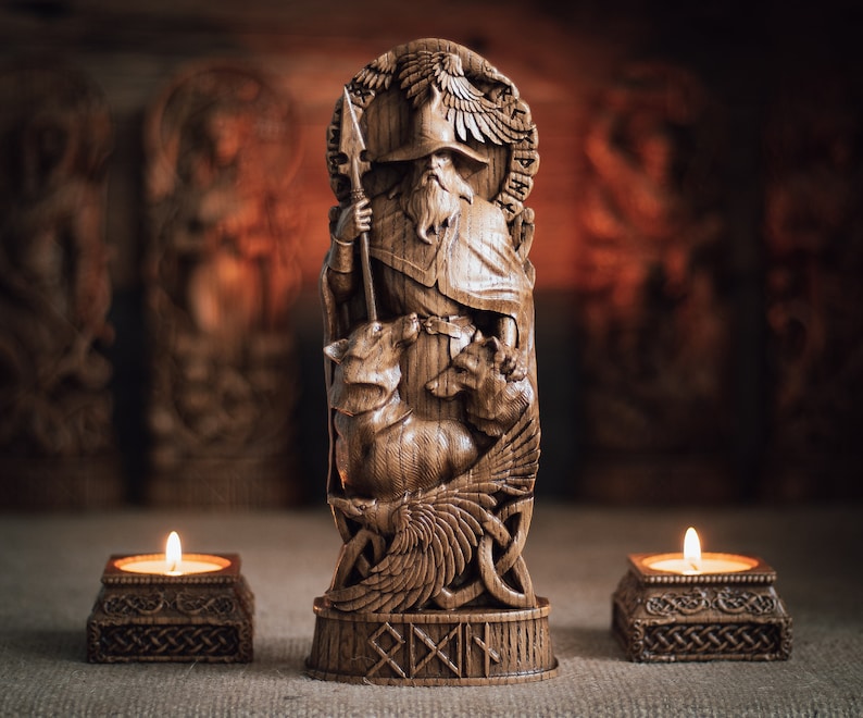 Odin statue, Allfather, Wotan, norse gods, wood carving altar heathen asatru viking god and goddes sculpture wooden scandinavian pantheon
