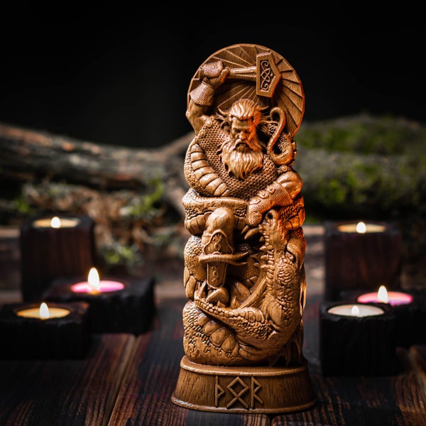 Thor statue, Mjollnir, Ragnarok, norse gods, wood carving altar heathen asatru viking god and goddes sculpture wooden scandinavian pantheon