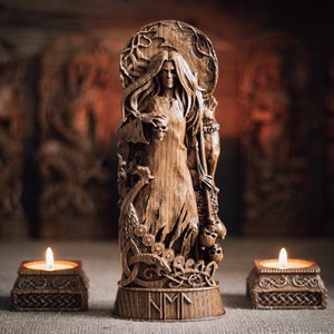 Hel statue, norse goddess Hela death asatru viking god scandinavian pantheon wood carving altar sculpture pagan paganism