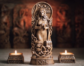 Idunn statue, Iduna, Iðunn, norse gods, wood carving altar heathen asatru viking god and goddes sculpture wooden scandinavian pantheon