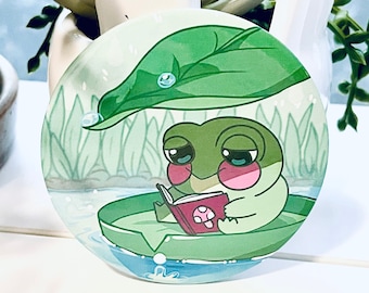 Cute Rainy frog pin | cute frog stuff | cute frog decor | frog gifts | reading art | lilly pad | bookbag pin | jacket pin | Kawaii Button |