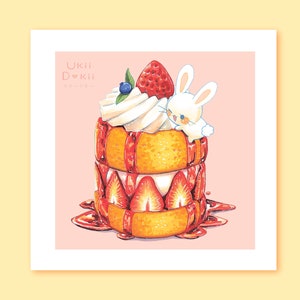 kawaii pink aesthetic strawberry bunny cake food art print poster for cute home decor, bedroom decor, room decor, kitchen decor, teen room