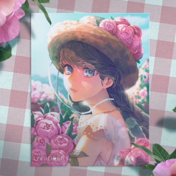 Pastel Kawaii Aesthetic Peony Girl Art Print | Cute Anime Wall Art Work Poster | Cottagecore | Plant Art