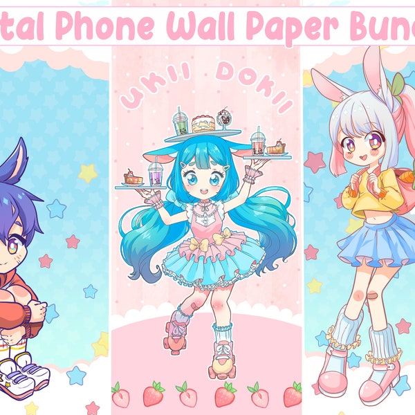Set of 3 Anime Phone Wallpapers, Anime backgrounds, Cute artwork, kawaii aesthetic, cute Iphone asseccories, home screen, digital download