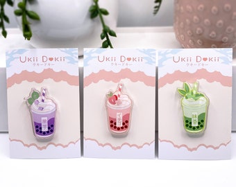 Kawaii Boba Milk Tea Acrylic Pin | Matcha pin | Strawberry Milk Pin | Bubble tea pins | Small Tea Pins | Drink Pin | Decora Kei | Fairy Kei