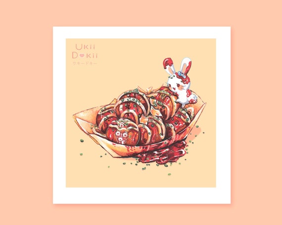 cute kawaii food mini art print | takoyaki | anime bunny print | Food gift | kitchen wall decor | decor for bedroom | room decor for teens