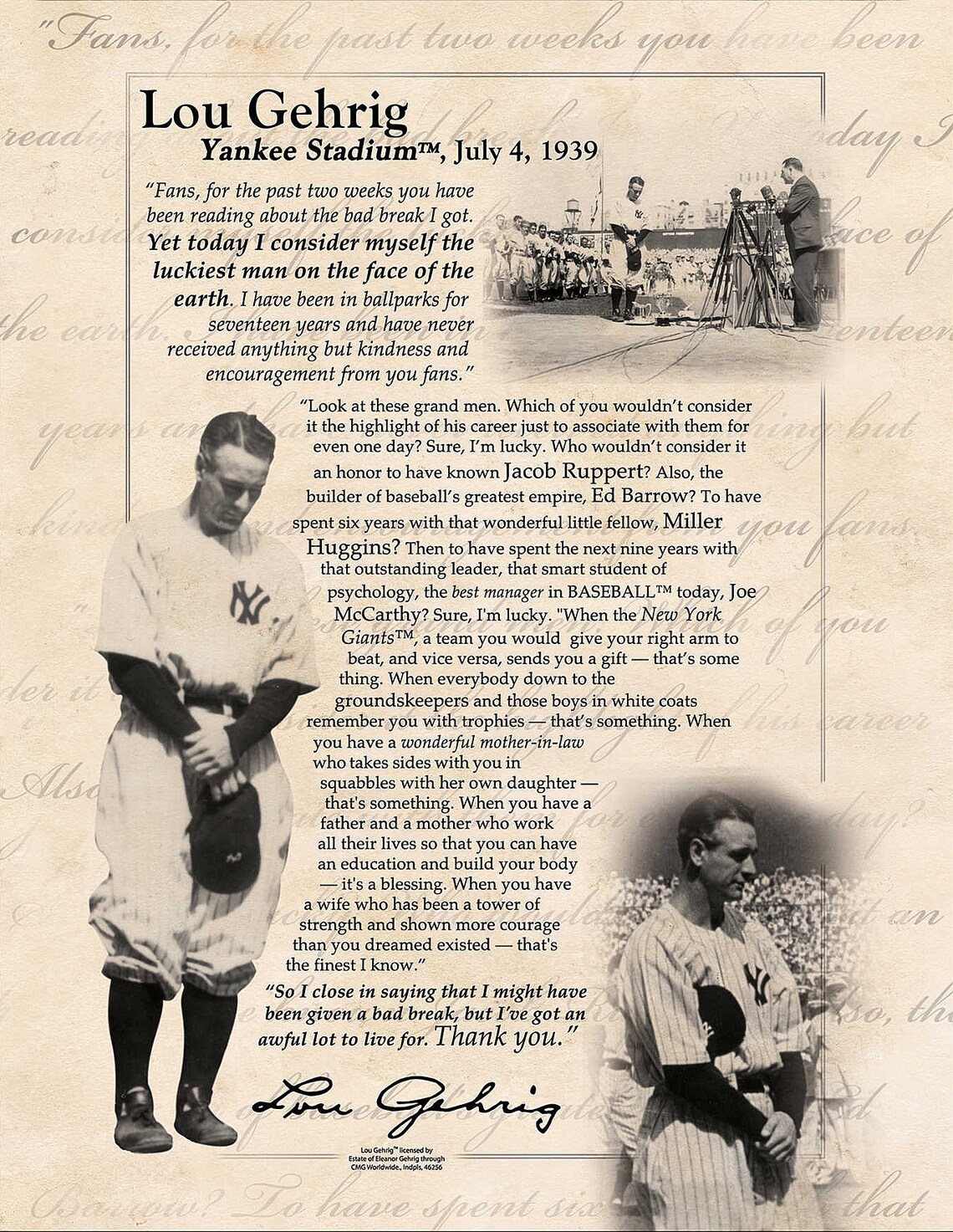 Lou Gehrig Farewell Speech collage photo Iron horse Yankees Etsy