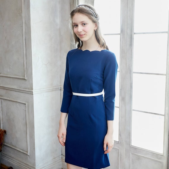 Girl-Tip the Scallops Navy Blue Dress