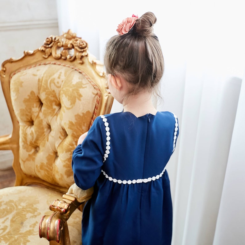 Girl-Tip the Scallops Navy Blue Dress