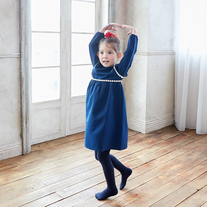 Girl-Tip the Scallops Navy Blue Dress