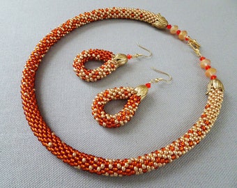 Mandarin Orange- Bead Crochet Necklace & Earrings