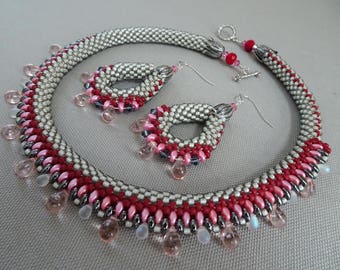 Be My Valentine-Bead Crochet Necklace & Earrings