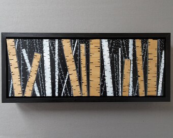 Birch Trees - Wall Art/Table Decor; Wood painting with wood veneer highlights in floater frame (ready to hang or free stand)