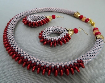 Scarlet-Bead Crochet Necklace & Earrings Set