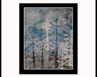 Yosemite Mirror Lake- Original Gelatin Monotype Print; Matted, Framed and Ready to Hang