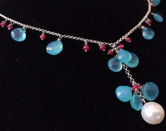 Spring Garden Necklace and Earrings Collection (Ruby, Chalcedony, Swarovski Crystal Pearls, Sterling Silver)