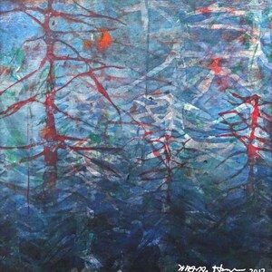 May include: Abstract watercolor painting with a blue background and red and green brushstrokes. The painting features a forest scene with trees and branches.