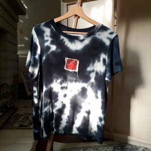 Beautiful Blue Tie-dye Tee with Intricate Hand-drawn + Painted Patch | &quot;Red Face in Blue Dream&quot; by Thread of Mind