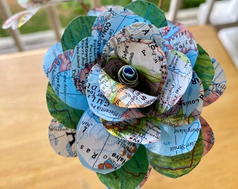 Paper Map Flowers - Handmade World Atlas Paper Roses - Map Themed Party - Paper Anniversary Gift - Bouquet of 3 Three