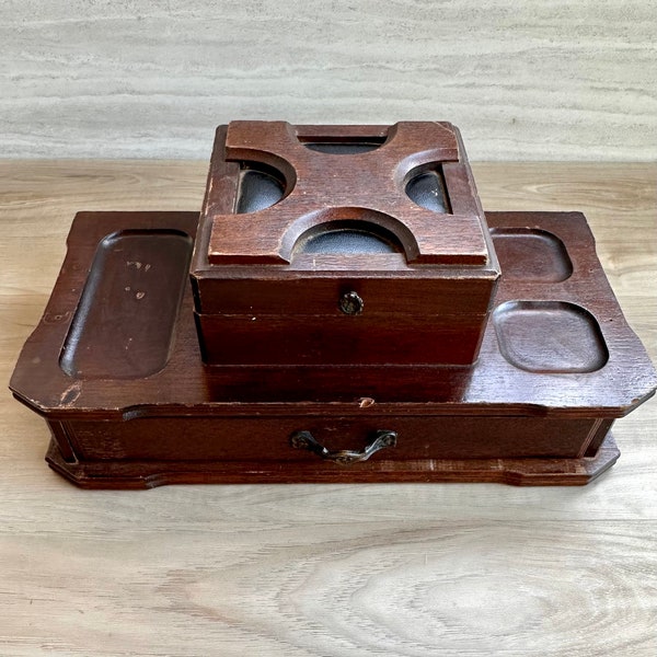 Vintage Boxy Dark Wooden Vintage Jewelry Box by London Leather - Made in Japan - Men's Valet Dresser - Gift