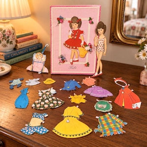 May include: A paper doll set titled Bibi featuring a large pink folder with a girl illustration, a standing paper doll, and various paper outfits including dresses, a coat, and accessories. The collection includes colorful garments with floral, plaid, and solid patterns, all designed for use with the included paper figures.