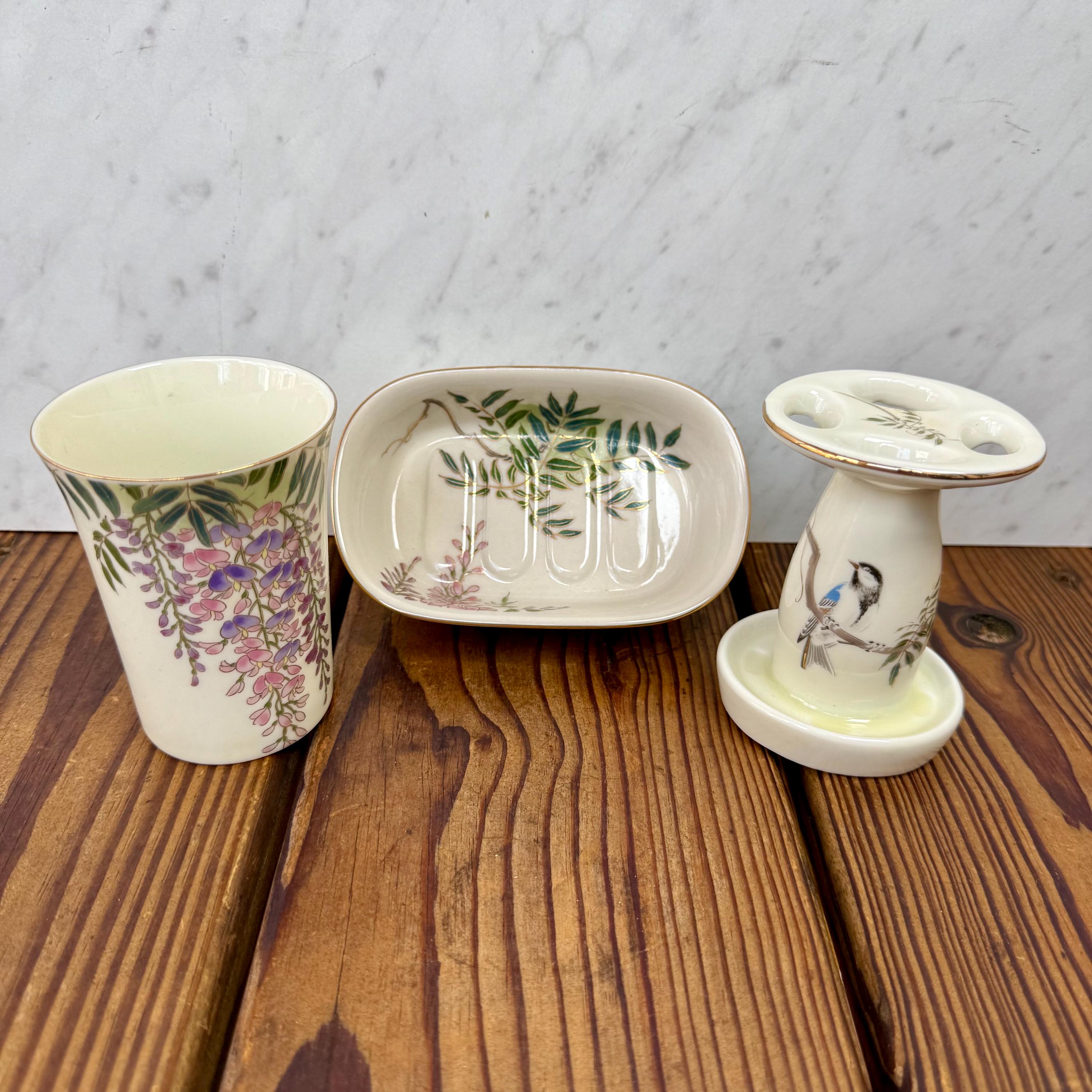柴田陶器　七宝　小物入れ ３点 shibata chinaware japan Vintage Shibata Japan Porcelain Bathroom Vanity Set Floral Soap