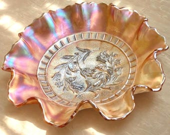 Bol de cristal Dugan Marigold Carnival, diseño de flor de viento, borde ondulado, plato de cristal antiguo iridiscente
