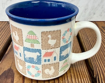 Otagiri Japan Country Farmhouse Mug Blue Rim Rooster Pig