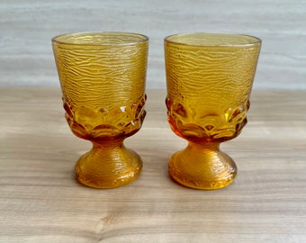 Vintage Pair of 1970's Indiana Glass Co. Amber Chunky Wine Goblets - Golden Honey - Retro Barware - 6 1/2 oz. - Set of 2