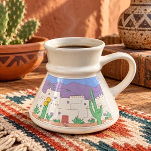 May include: A cream-colored ceramic mug with a wide base and a handle, featuring a colorful graphic illustration of a desert landscape with adobe-style buildings, green cacti, and purple mountains under a blue sky, filled with a dark hot beverage.