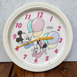 Vintage 1986 Lorus Disney 10” Wall Clock – Mickey & Minnie Balloons – Nursery Decor