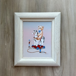 Vintage Framed Oil Painting: Teddy Bear, Rocking Horse & Toy Soldiers