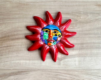 Vintage Mexican Hand Painted 5" Red Sun Sol Rojo Face Wall Hanging - Hand Crafted Southwestern Clay Talavera Folkart - Veracruz