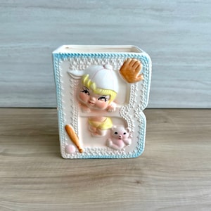 Maceta de cerámica vintage de los años 80 con forma de letra B: bate y guante de béisbol, regalo de decoración para habitación de bebé niño
