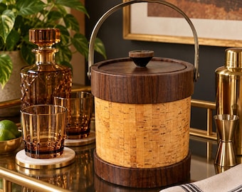 Vintage 1970s Cork Ice Bucket Faux Wood Grain Mid Century Barware