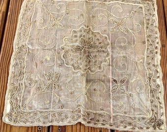Vintage Hand Embroidered Beaded Table Doily | Sheer Gold Floral Textile Square