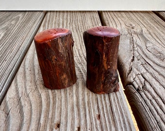 Vintage Handmade Rustic Wooden Log Stump Salt and Pepper Shakers - Mountain Cabin Lodge Décor