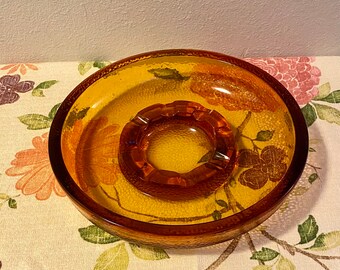 Vintage 1960s Amber Glass Ashtray Set - 10” Round MCM Cigar Tray - Textured Glass - Heavy Mid Century Modern Decor