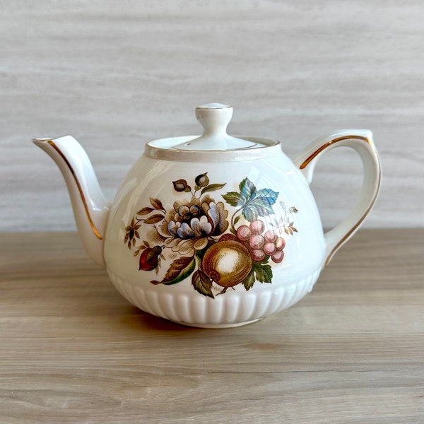 Vintage Ellgreave English Ironstone Teapot - Arthur Wood and Sons - White with Peony Flowers - Fine China - Made in England