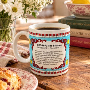 May include: A white ceramic mug featuring a light blue background with red decorative scrollwork and text detailing the Scorpio zodiac sign, including the dates October 24 through November 22 and a description of personality traits.