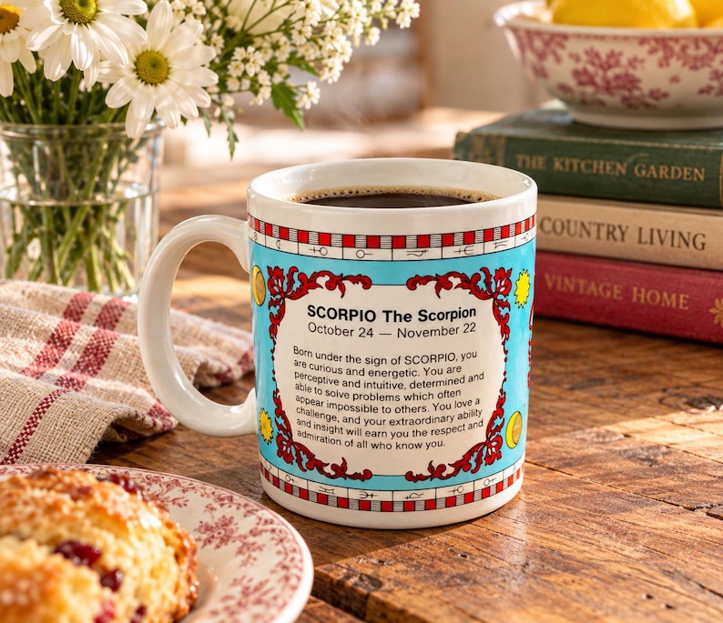 May include: A white ceramic mug featuring a light blue background with red decorative scrollwork and text detailing the Scorpio zodiac sign, including the dates October 24 through November 22 and a description of personality traits.
