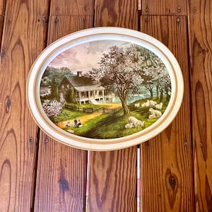 Vintage Currier and Ives Tin Tray: American Homestead Farmhouse Decor