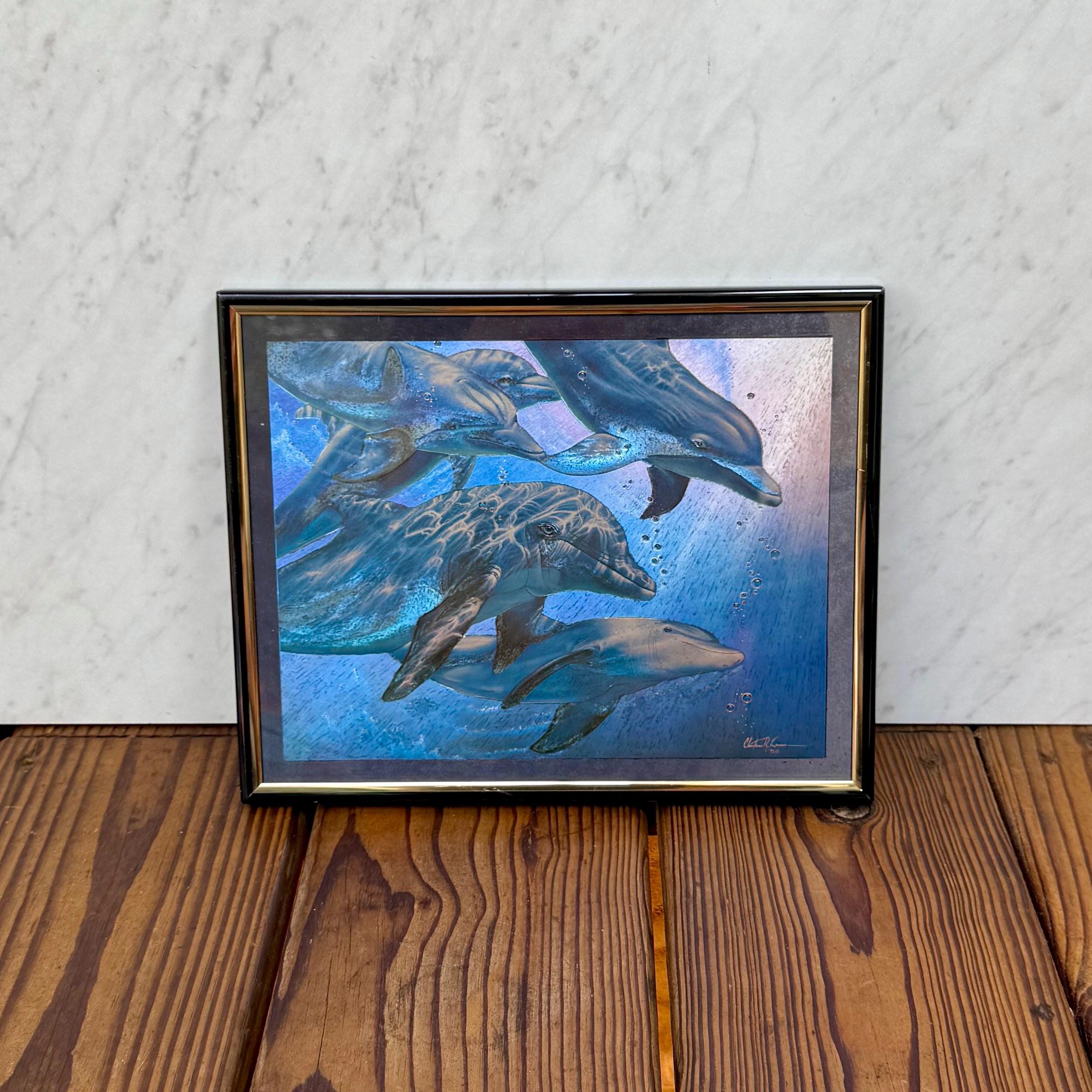 Vintage 1991 Christian Riese Lassen Dolphin Print Framed Art