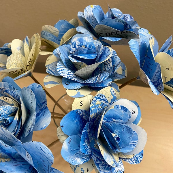 Map Paper Flowers - Handmade World Atlas Paper Roses - Ocean Floor - World Atlas Flowers - Bouquet of 9 Nine