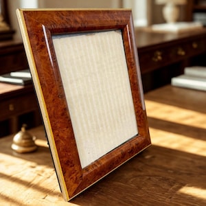 May include: A square picture frame featuring a polished brown burl wood veneer finish with a distinct swirling grain pattern. The frame includes a thin gold-toned inner border and a plain, light-colored rectangular insert centered within the frame.