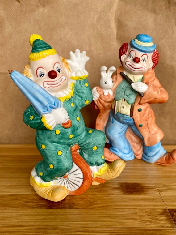 Cevik Clown Figurine USED ピエロ陶器人形置物 Vintage Ceramic Creepy Circus CLOWN w/ X Eyes Figurine