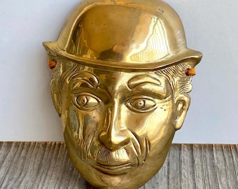 Vintage Brass Charlie Chaplin Style Wall Mask – Mid Century Brass Face Decor