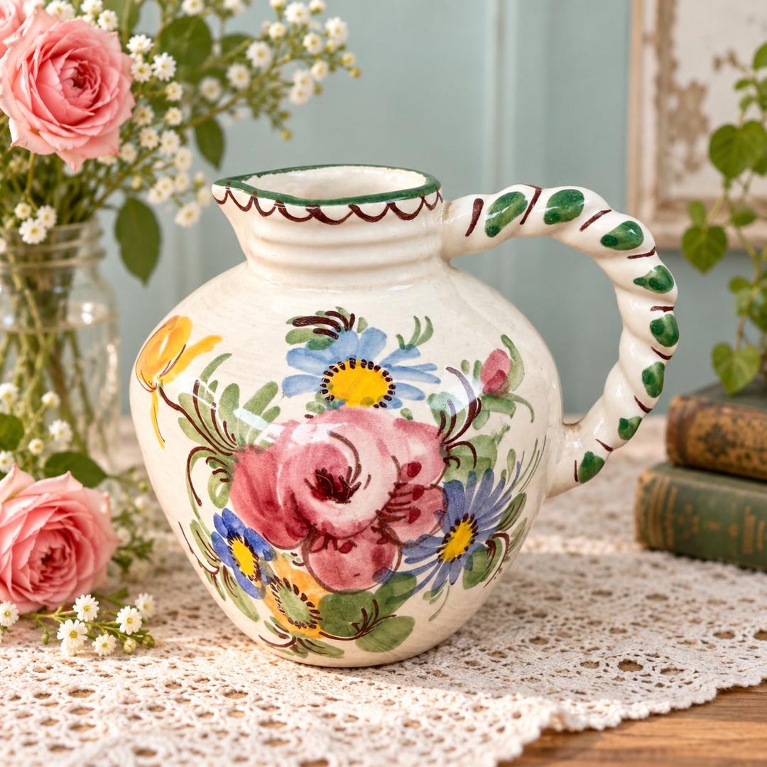 Vintage Ulmer Keramik Floral Pitcher Vase West Germany Hand Painted Pottery