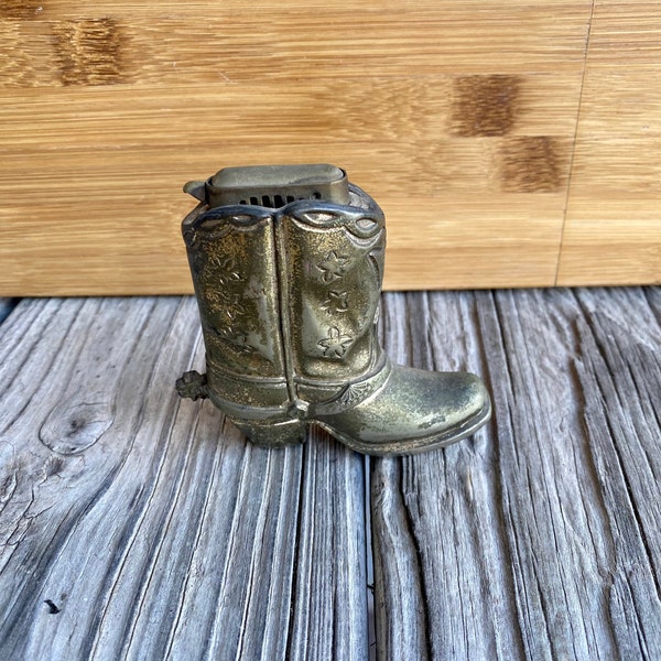 Vintage 1940's Cowboy Metal Boot Lighter with Spur - Made in Occupied Japan - Stars - Silver Plated - Cigar - Cigarette - Table Top